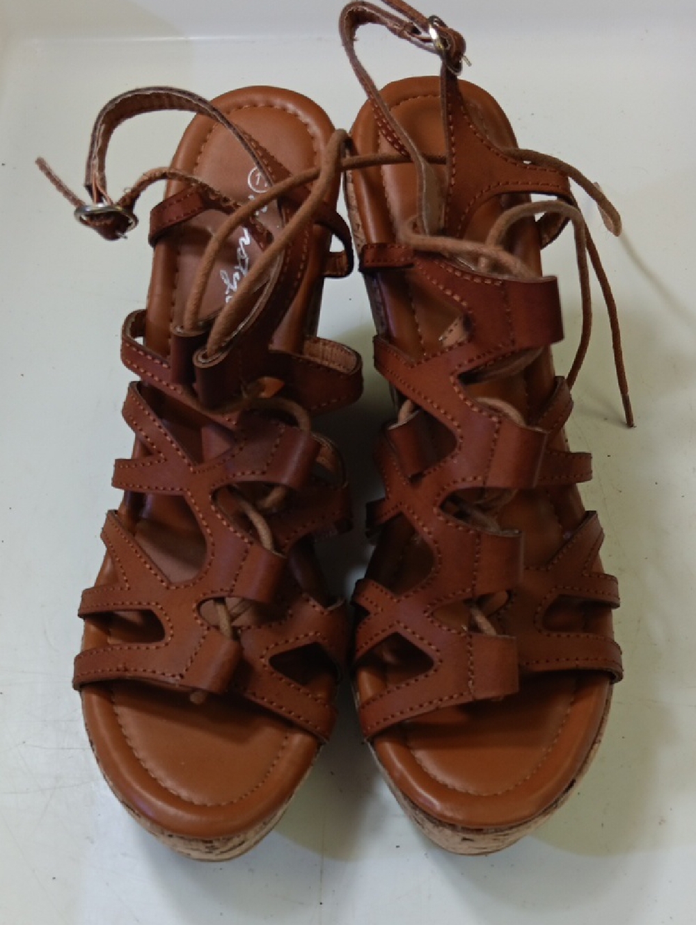Herstyle Tan Strappy Wedge Sandals